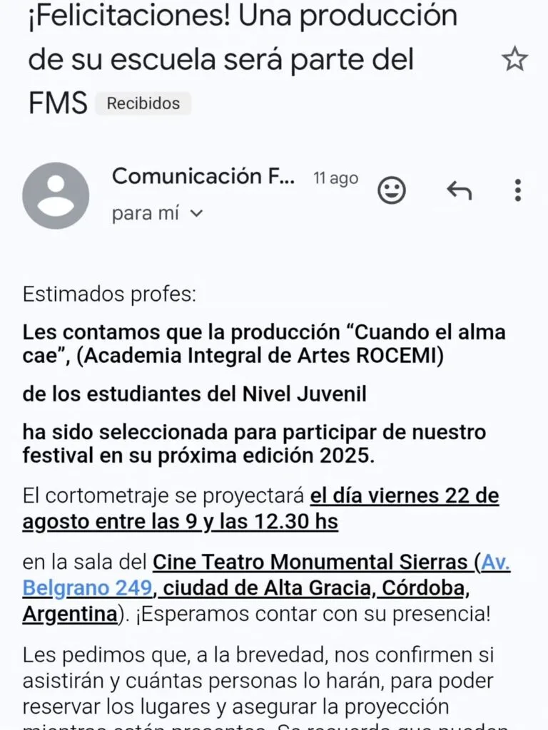 Producción juvenil ROCEMI Films en festival de cine en Argentina